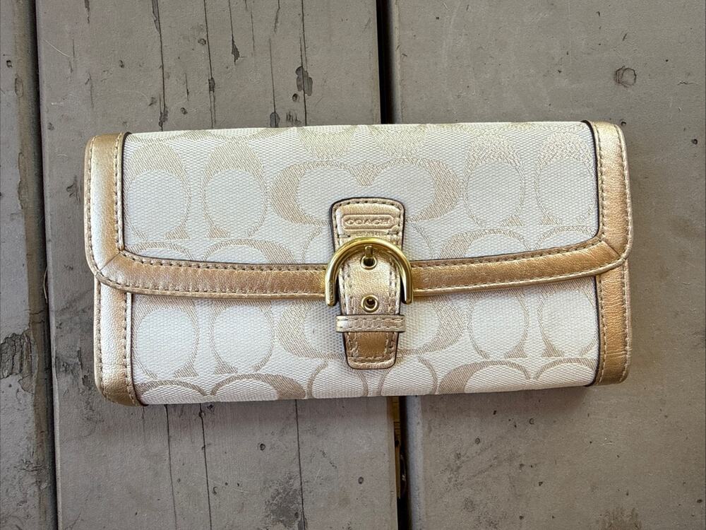 COACH Soho Signature Flap Wallet Jacquard Metallic Gold Leather Buckle